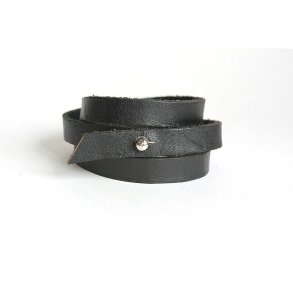Black Leather Triple Wrap Bracelet with Silvertone Stud Closure - Picture 2 of 4